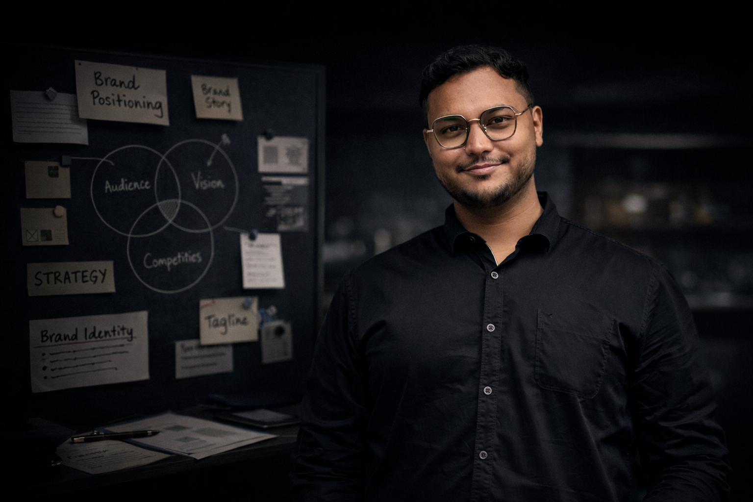Shubham at a brand strategy board mapping positioning, vision, and identity